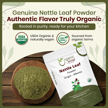 Organic Way stinging nettle herbal tea powder back label showing certifications