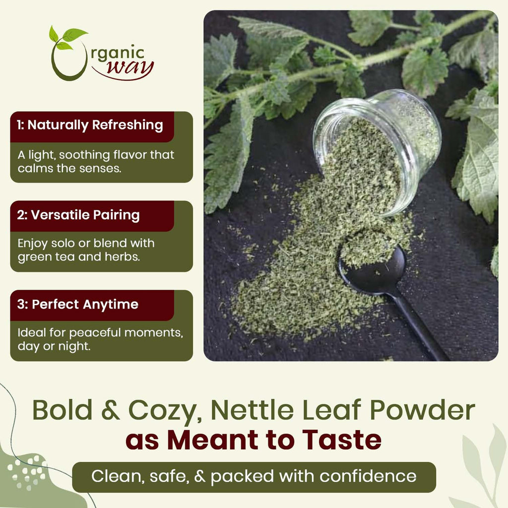 USDA Organic and Kosher certified nettle leaf powder texture close up