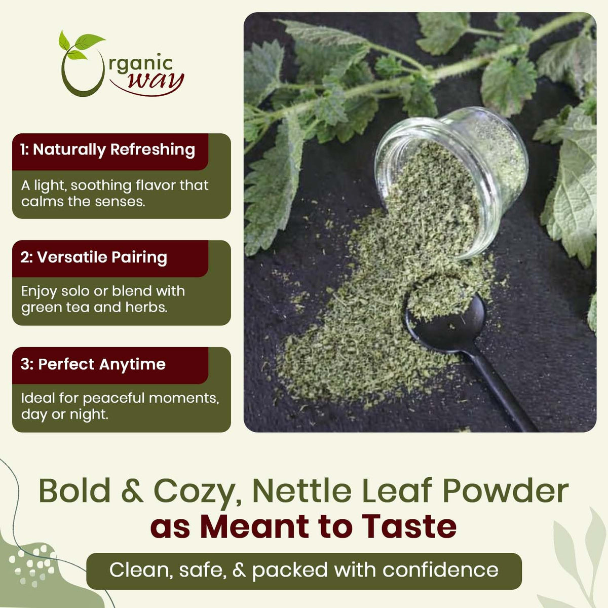 USDA Organic and Kosher certified nettle leaf powder texture close up