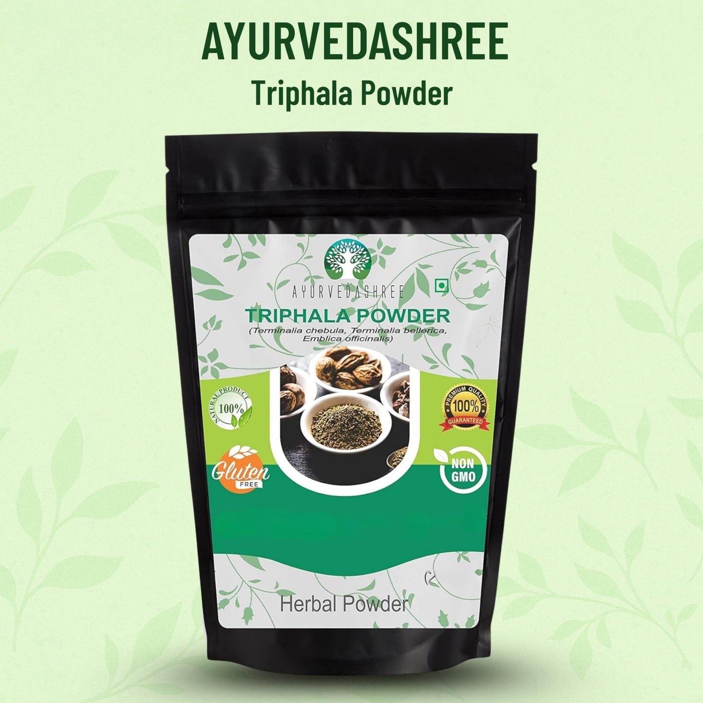 Ayurvedashree Triphala Powder back label showing ingredients list and GMP certification.