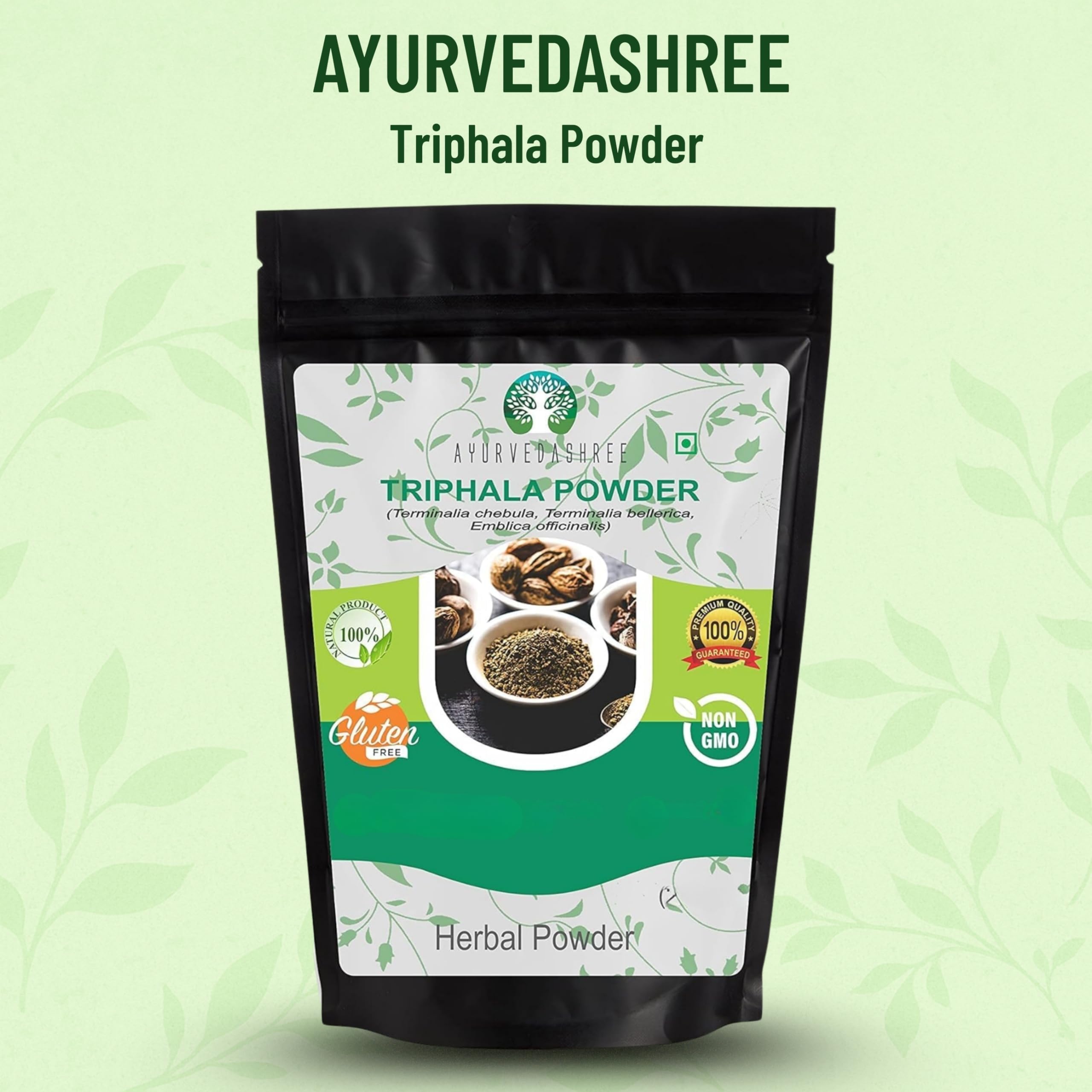 Ayurvedashree Triphala Powder back label showing ingredients list and GMP certification.
