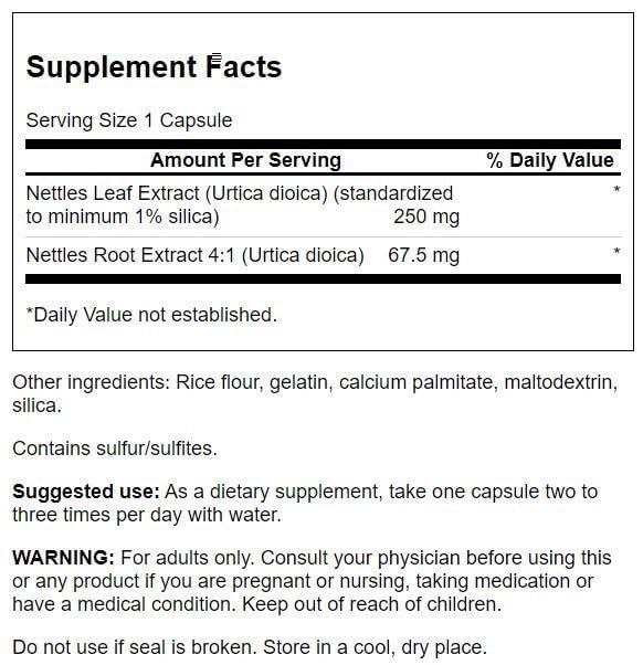 Close up of Swanson Stinging Nettle supplement bottle label details