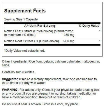 Close up of Swanson Stinging Nettle supplement bottle label details