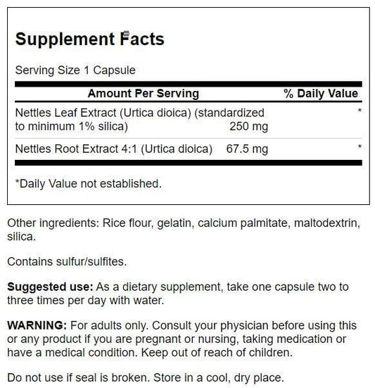 Close up of Swanson Stinging Nettle supplement bottle label details