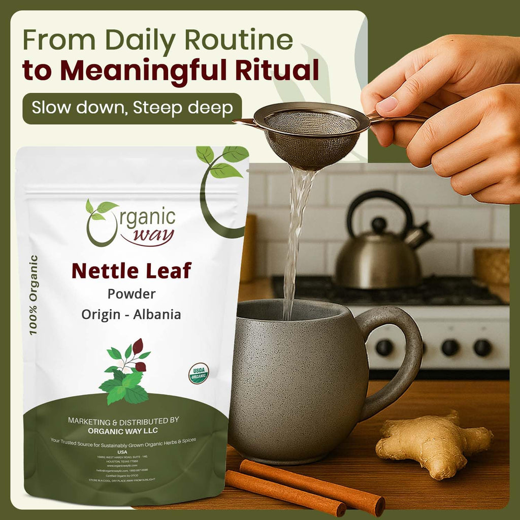 Organic Way vegan non GMO nettle powder being scooped into a cup