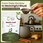 Organic Way vegan non GMO nettle powder being scooped into a cup