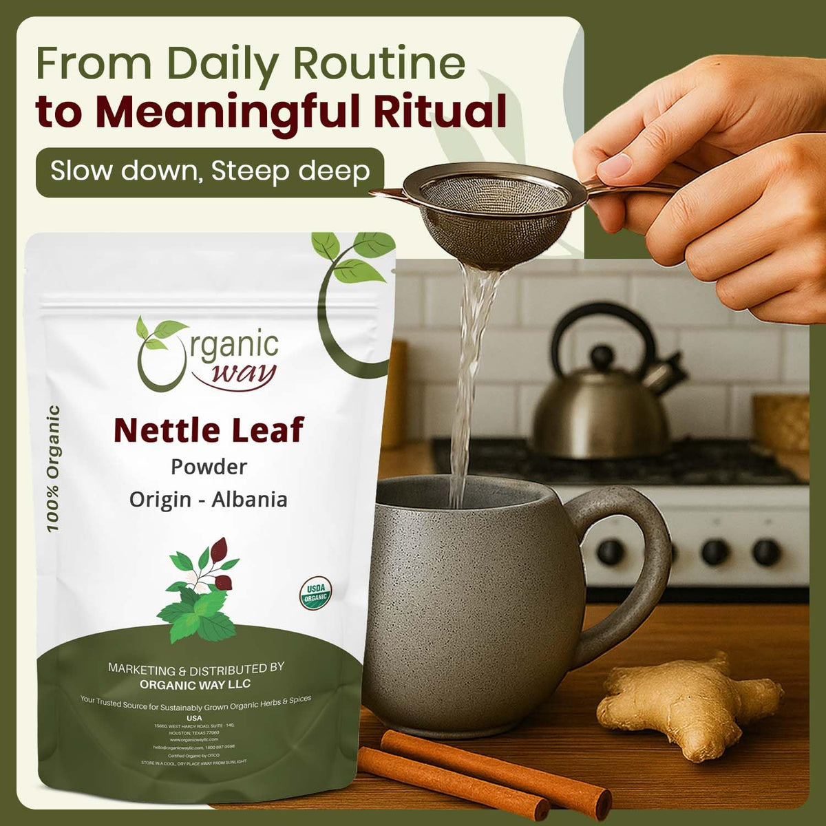 Organic Way vegan non GMO nettle powder being scooped into a cup