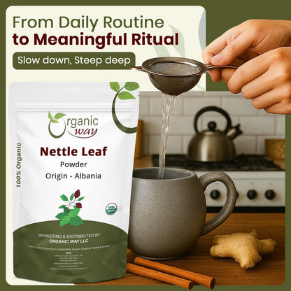 Organic Way vegan non GMO nettle powder being scooped into a cup