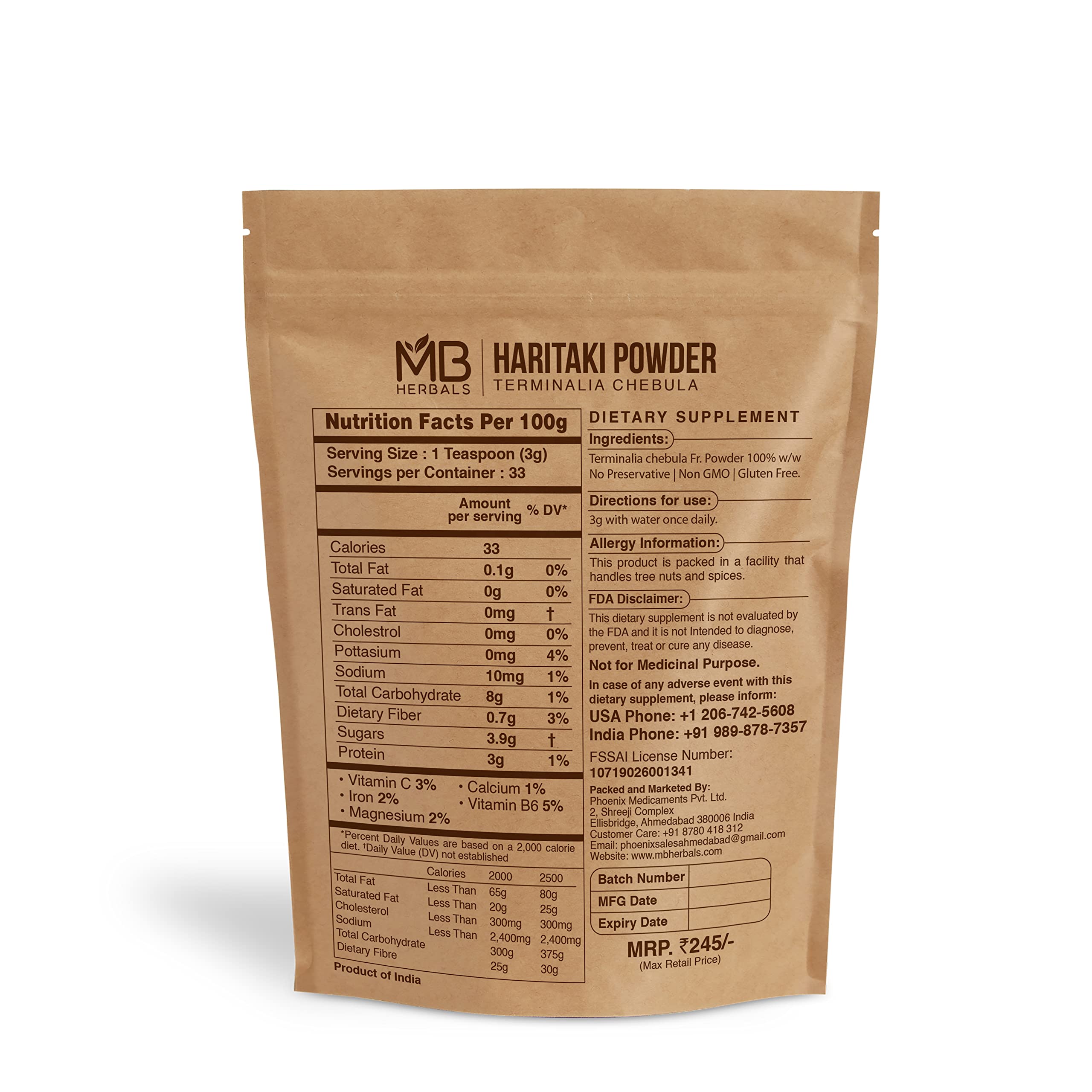 Pure Terminalia chebula dietary supplement powder in authentic brand packaging.
