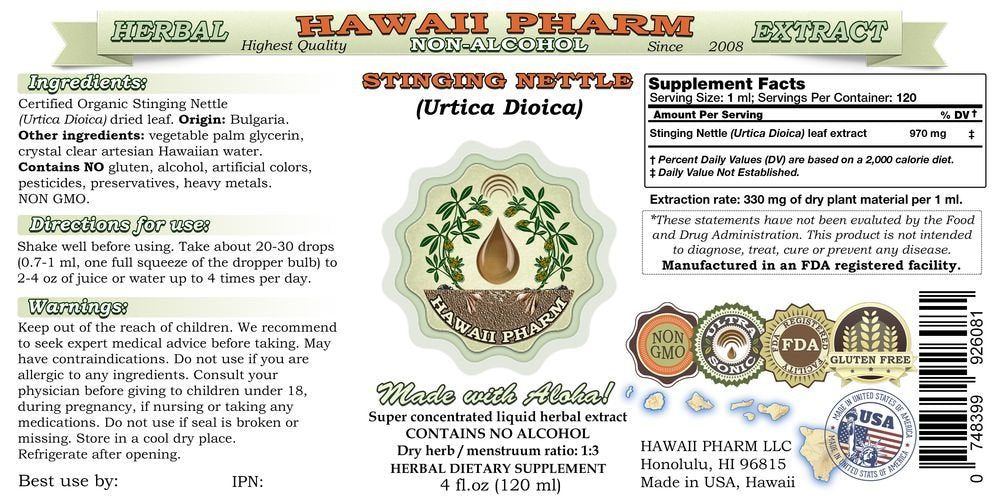 Hawaii Pharm Stinging Nettle professional grade herbal supplement label details.
