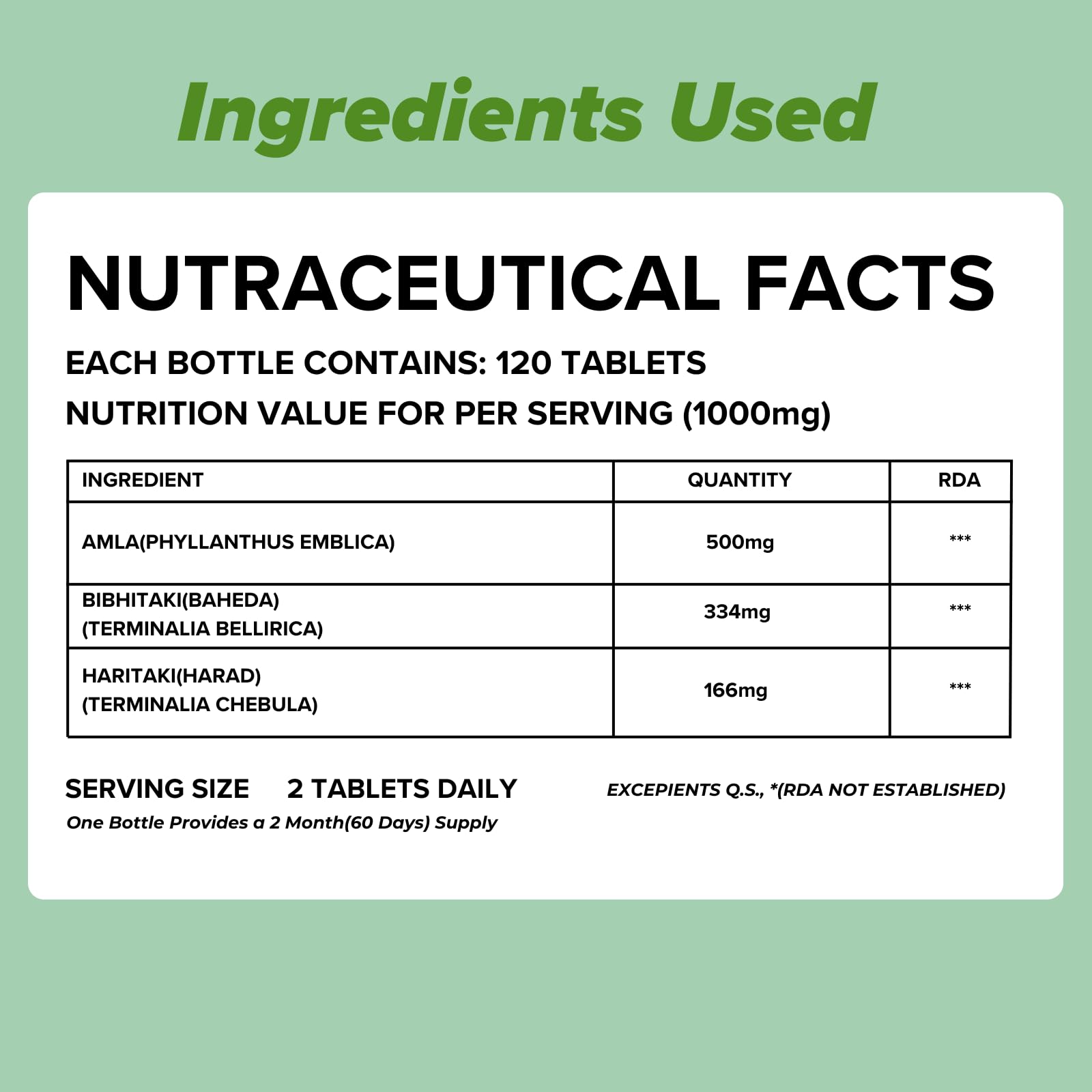 Daily All Day Triphala tablets close up displaying premium quality sealing