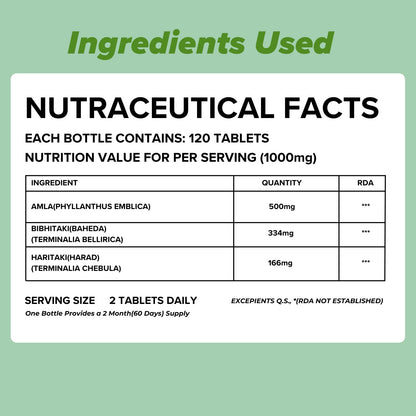 Daily All Day Triphala tablets close up displaying premium quality sealing
