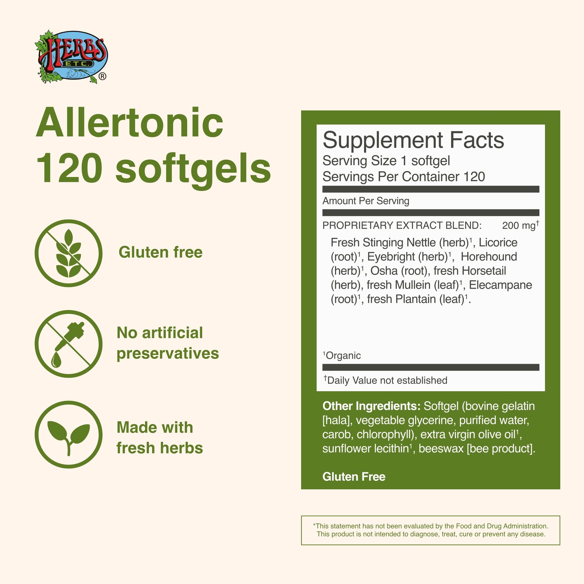 Back label of Herbs Etc Allertonic showing ingredients and dosage