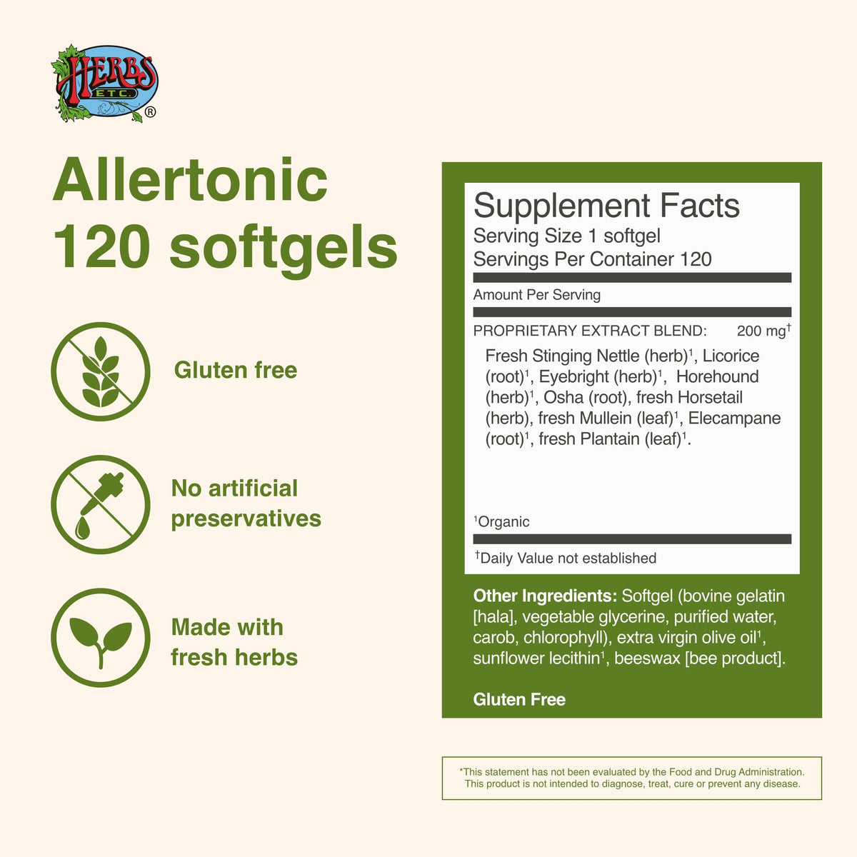 Back label of Herbs Etc Allertonic showing ingredients and dosage