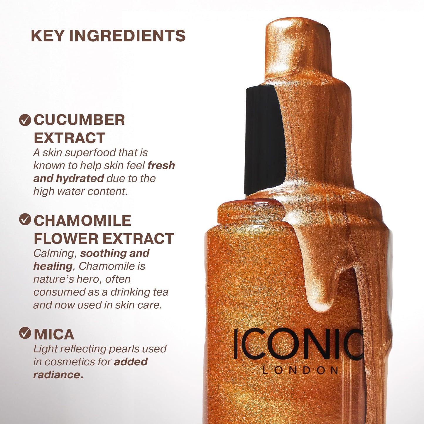 ICONIC LONDON Prep-Set-Glow original liquid mist inside clear bottle showing shimmer particles