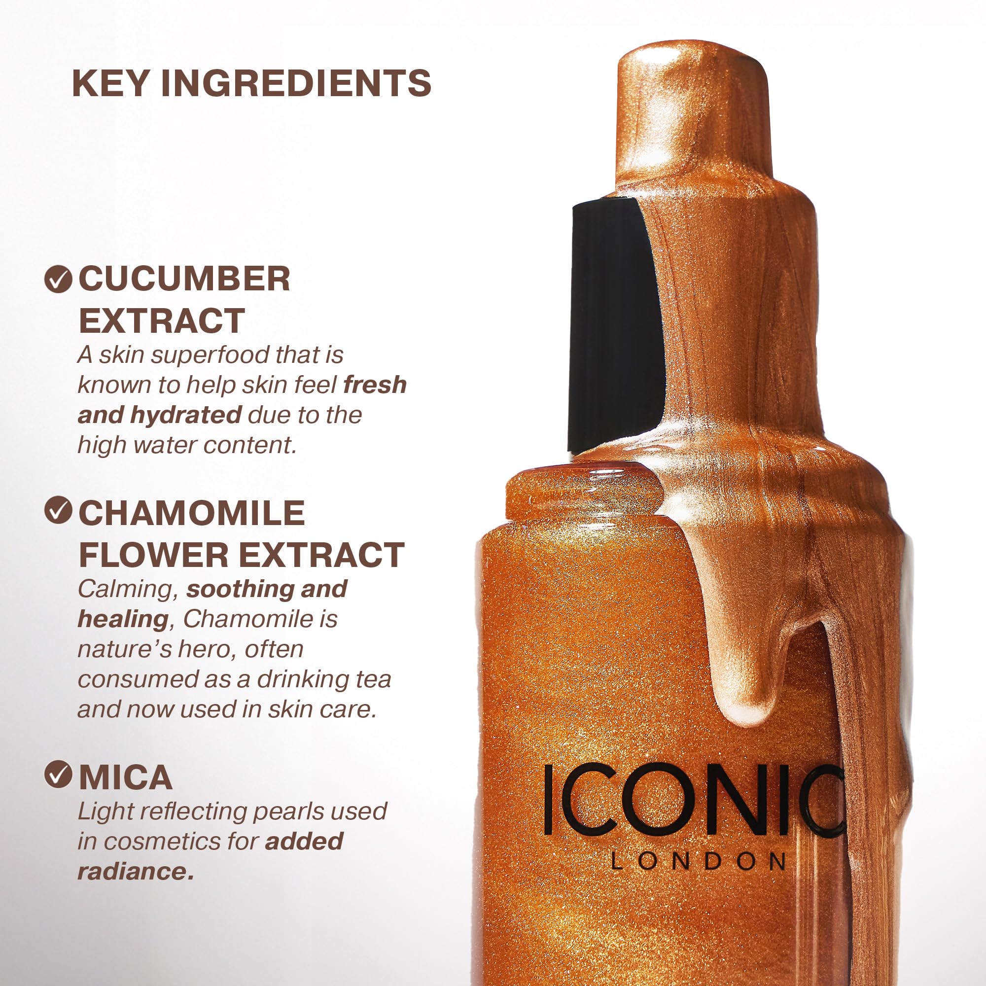 ICONIC LONDON Prep-Set-Glow original liquid mist inside clear bottle showing shimmer particles