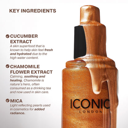 ICONIC LONDON Prep-Set-Glow original liquid mist inside clear bottle showing shimmer particles