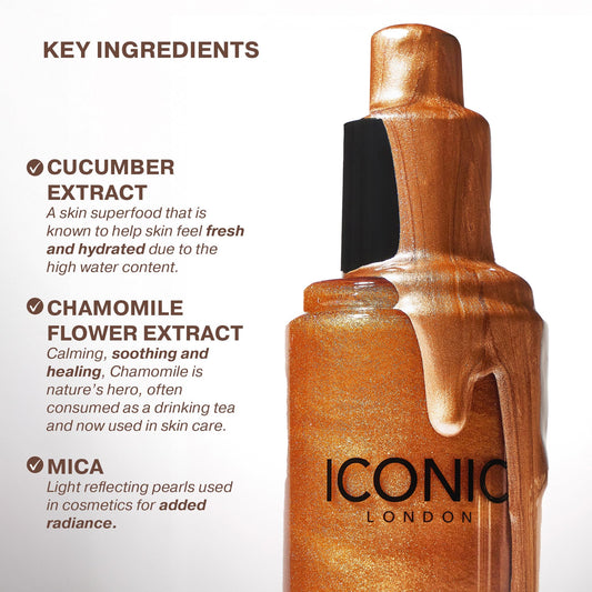 ICONIC LONDON Prep-Set-Glow original liquid mist inside clear bottle showing shimmer particles