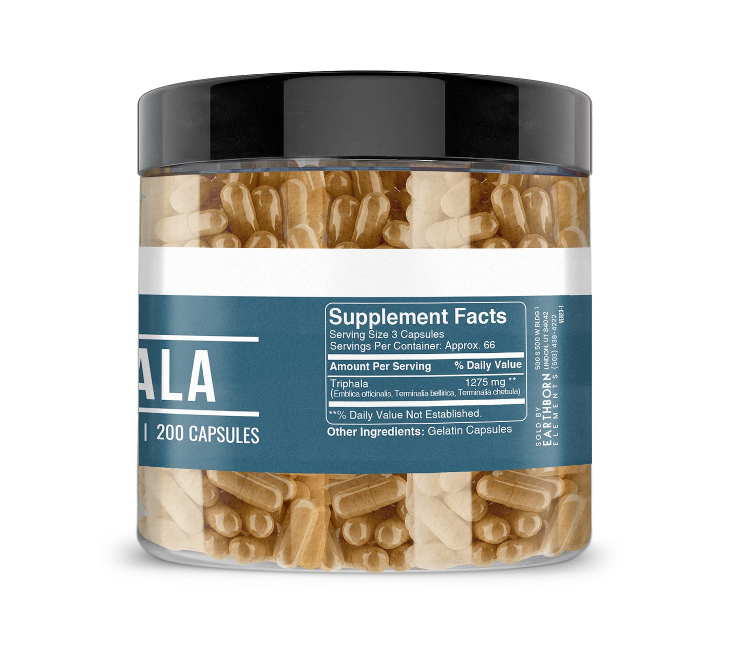 Back label view of Earthborn Elements Triphala capsules illustrating the authentic ingredient list and usage facts.