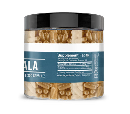 Back label view of Earthborn Elements Triphala capsules illustrating the authentic ingredient list and usage facts.