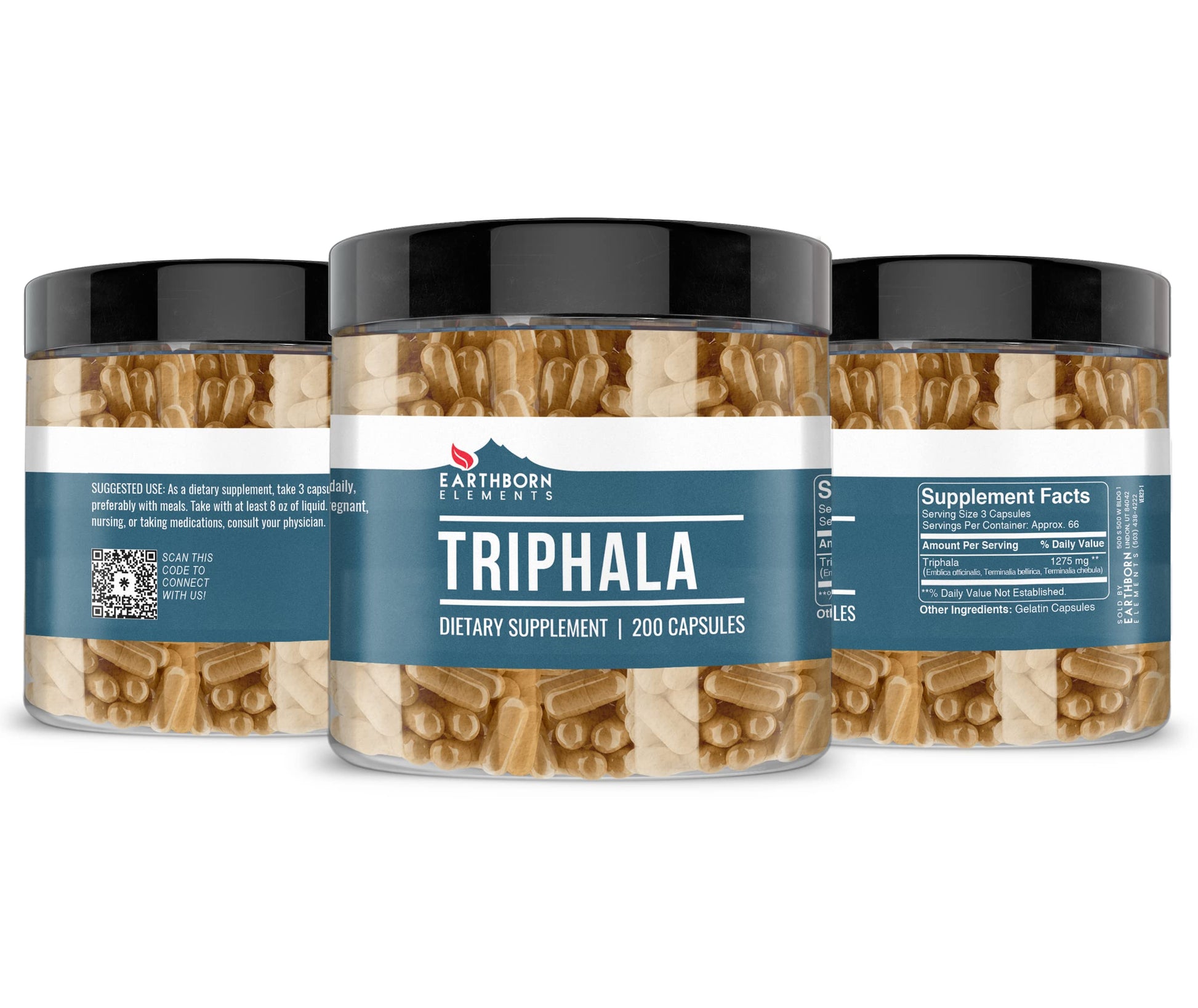 Close up view of Earthborn Elements Triphala vegan capsules showcasing the pure undiluted herbal powder content.
