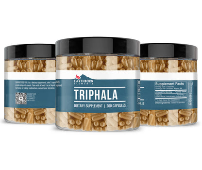 Close up view of Earthborn Elements Triphala vegan capsules showcasing the pure undiluted herbal powder content.