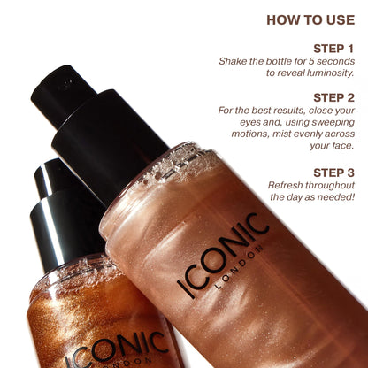 ICONIC LONDON Prep-Set-Glow face mist highlighting fluid ounce capacity details