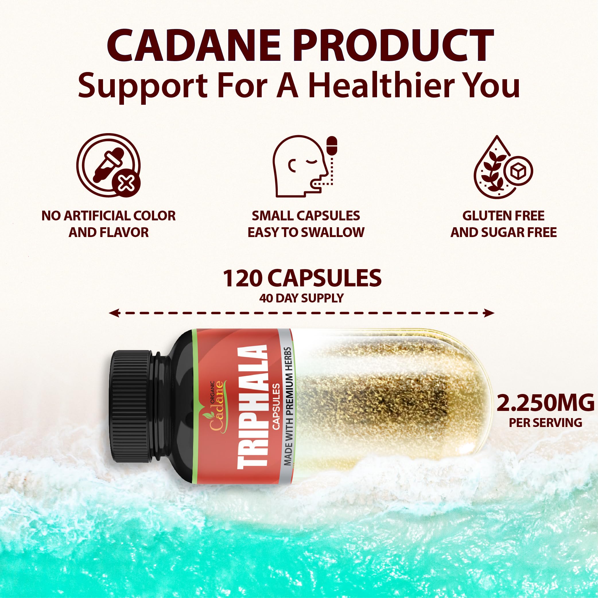 Organic Cadane Triphala supplement bottle showing 3000mg serving size details