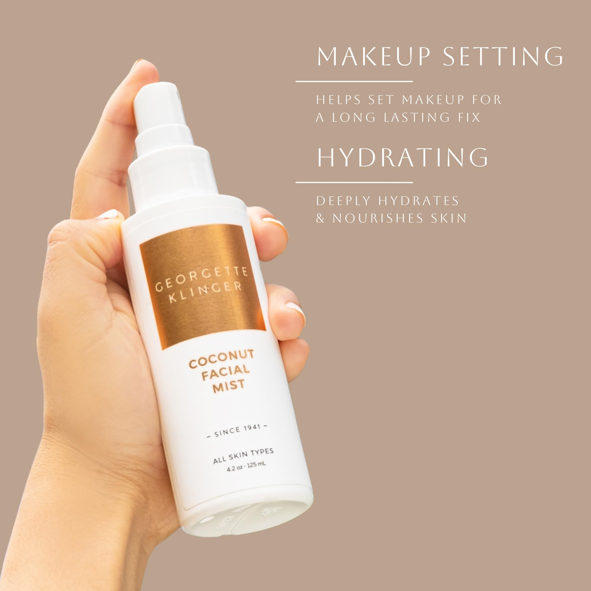 Georgette Klinger face mist packaging displaying ingredients aloe vera and coconut extract