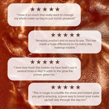 Authentic ICONIC LONDON imported makeup setting spray showing liquid shimmer consistency