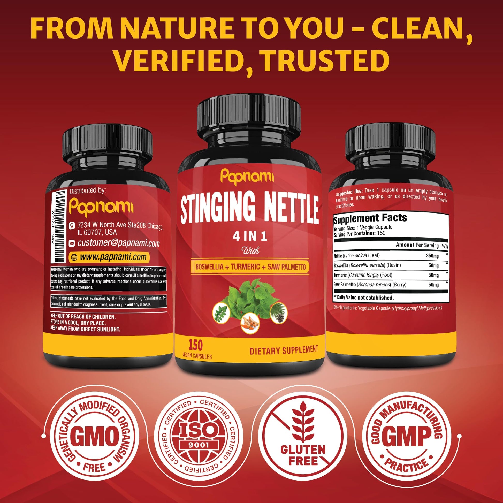 Close up of Papnami stinging nettle root supplement bottle with non GMO and vegan icons
