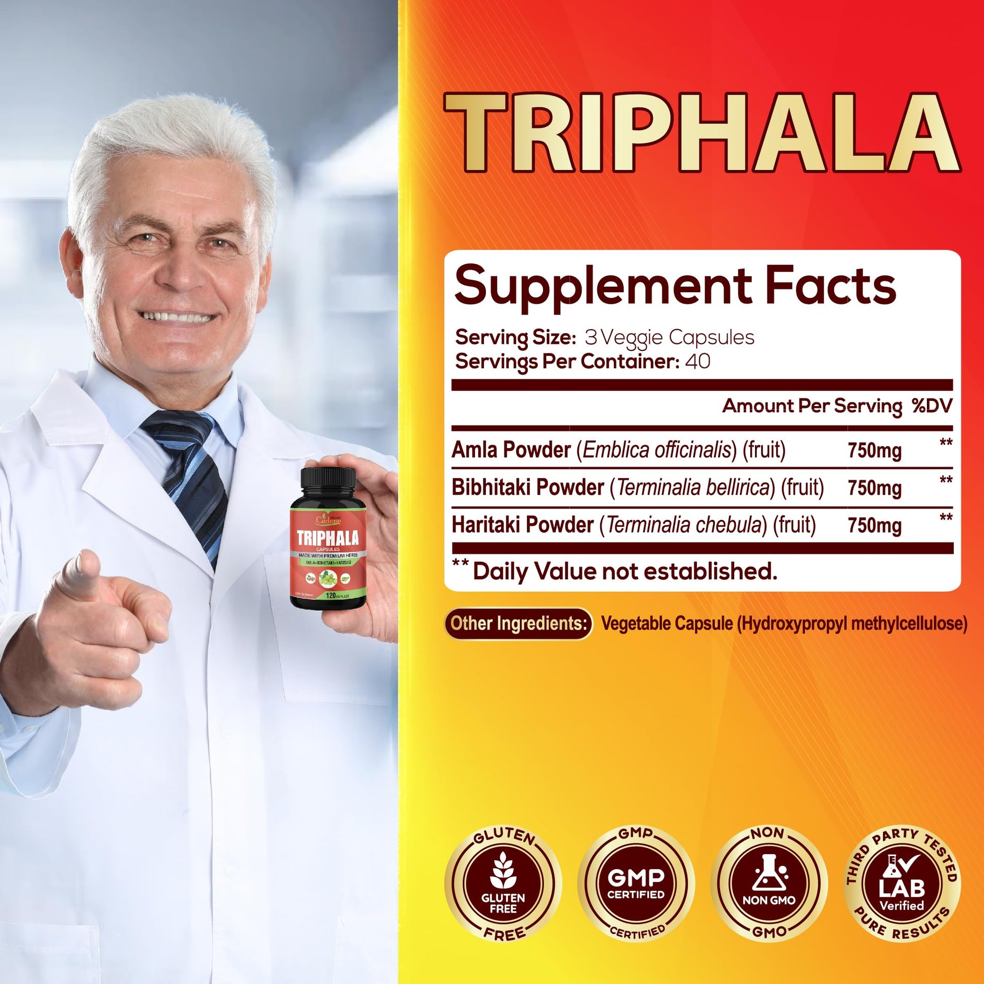 Organic Cadane Triphala vegetarian capsules ingredient list showing Amla Haritaki and Bibhitaki