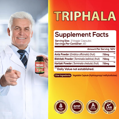 Organic Cadane Triphala vegetarian capsules ingredient list showing Amla Haritaki and Bibhitaki