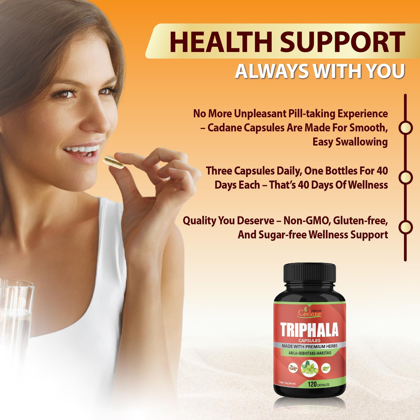 Back label of Organic Cadane Triphala showing dosage instructions and directions for use
