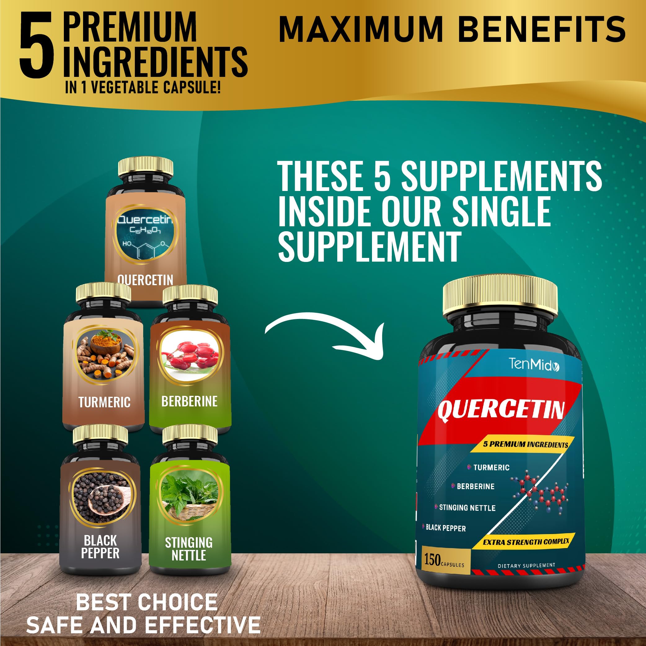 Tenmido Quercetin herbal complex supplement showing ingredient list with berberine and turmeric