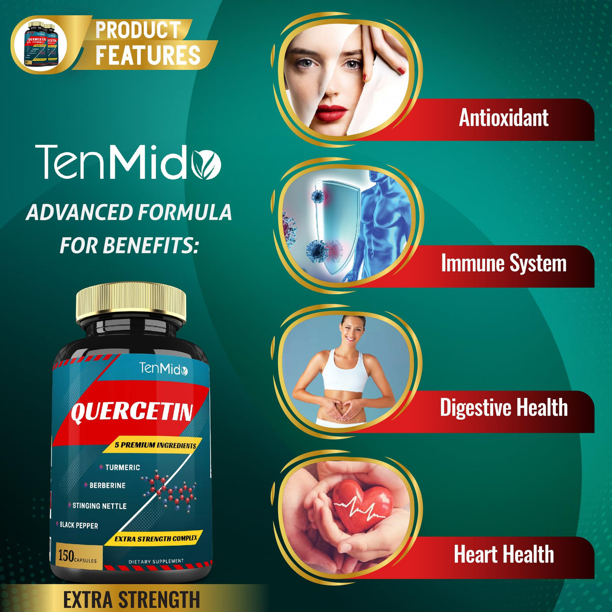 Tenmido Quercetin dietary supplement bottle showing antioxidant and heart health benefits