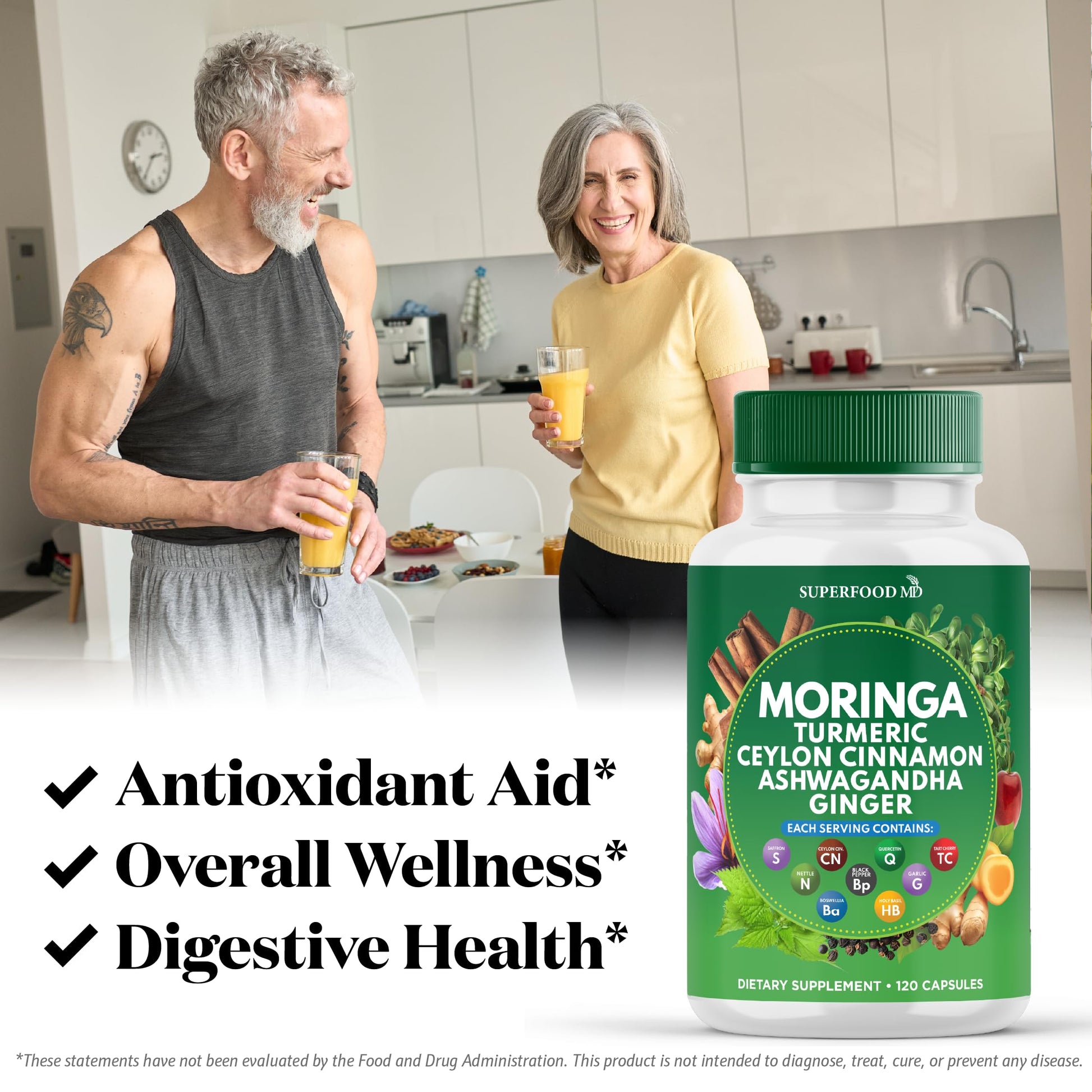 Superfood MD wellness complex capsules displayed next to the product packaging illustrating the actual serving size.