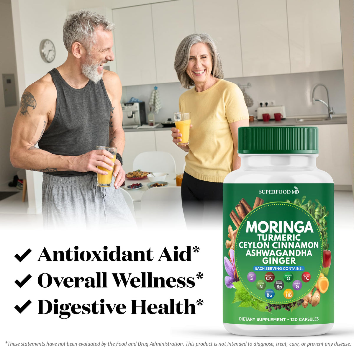 Superfood MD wellness complex capsules displayed next to the product packaging illustrating the actual serving size.