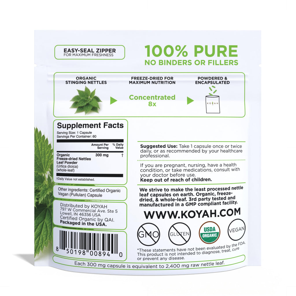 Side angle of KOYAH organic freeze dried nettle leaf 60 capsules packaging detailing product purity.