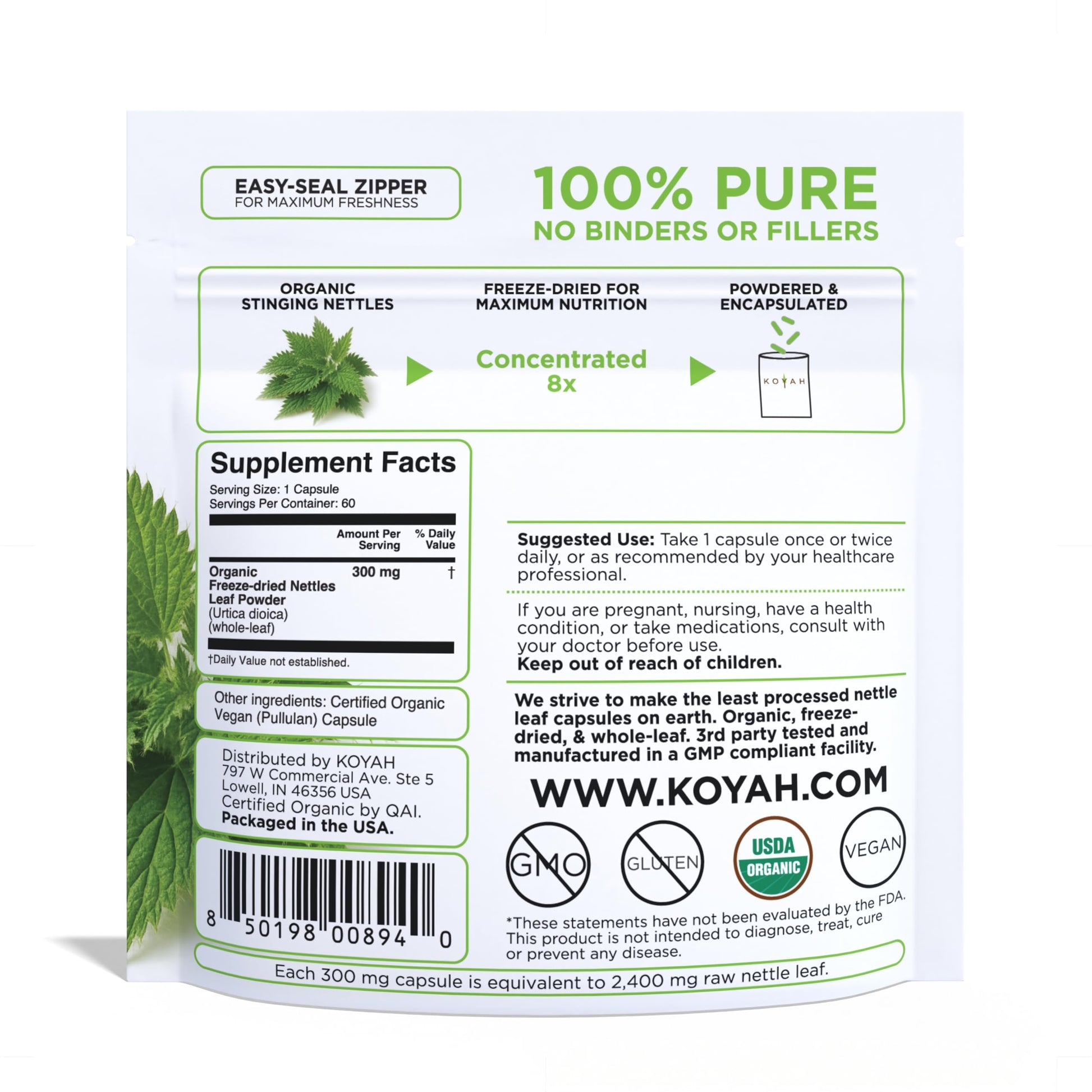 Side angle of KOYAH organic freeze dried nettle leaf 60 capsules packaging detailing product purity.