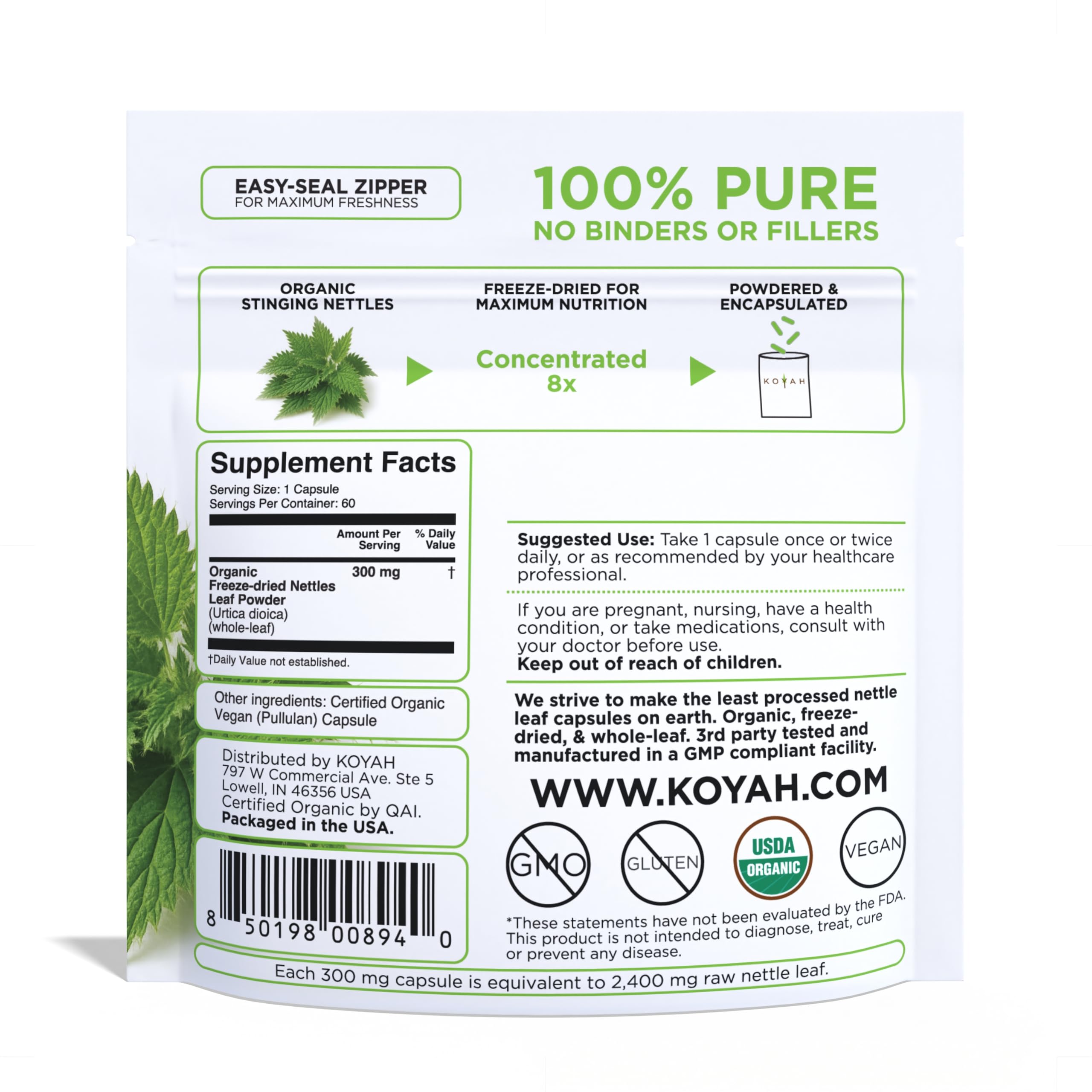 Side angle of KOYAH organic freeze dried nettle leaf 60 capsules packaging detailing product purity.