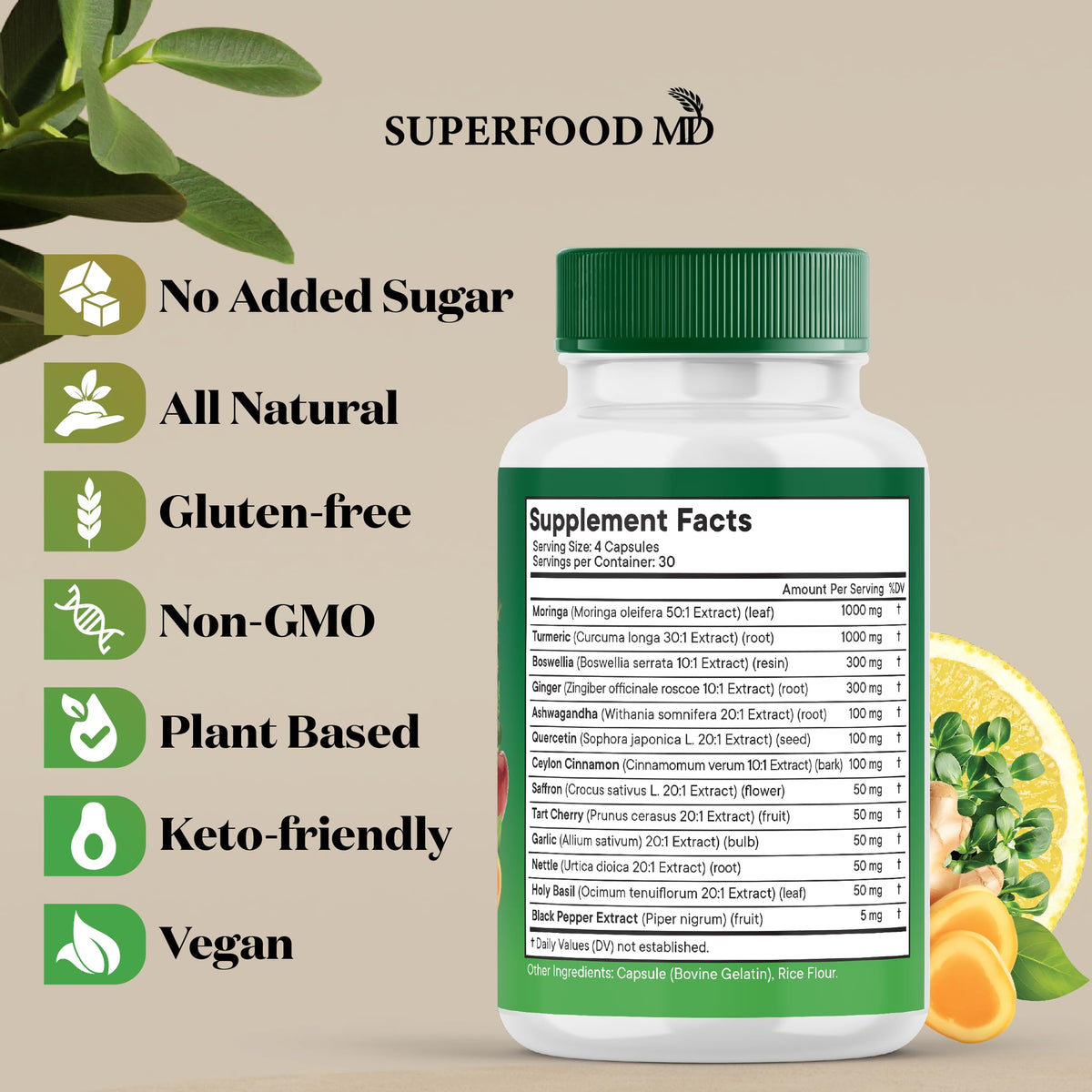 The complete packaging setup of Superfood MD Moringa Turmeric capsule supplement showing storage instructions and expiry information.