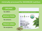 Back label of KOYAH stinging nettle capsules highlighting USDA organic certification and vegan ingredients.