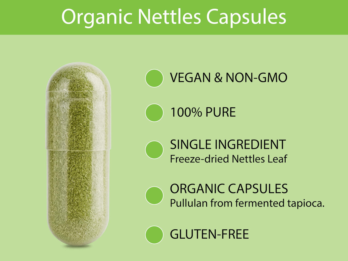 Supplement facts panel for whole leaf stinging nettle 300mg capsules showcasing zero fillers.
