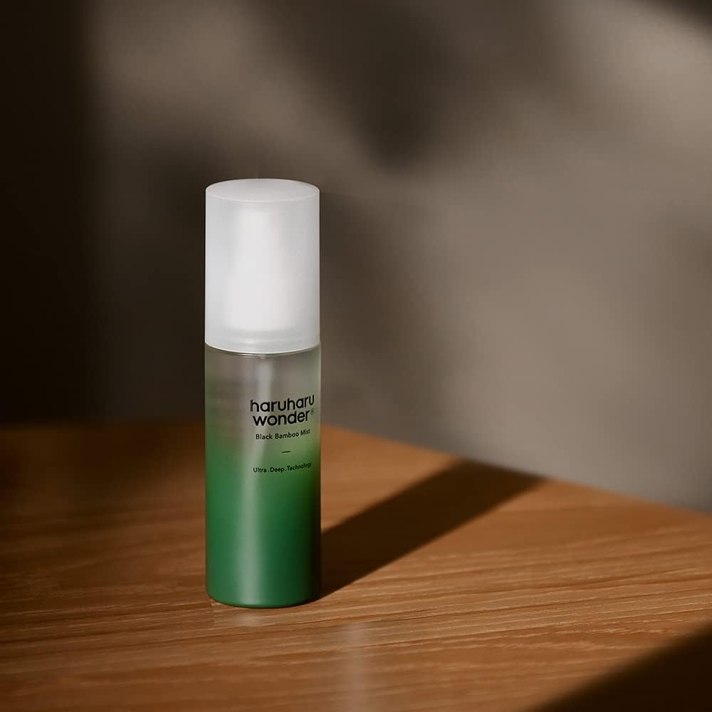 Haruharu Wonder Black Bamboo Mist rear label detailing the formulation ingredients and vegan certification logos.