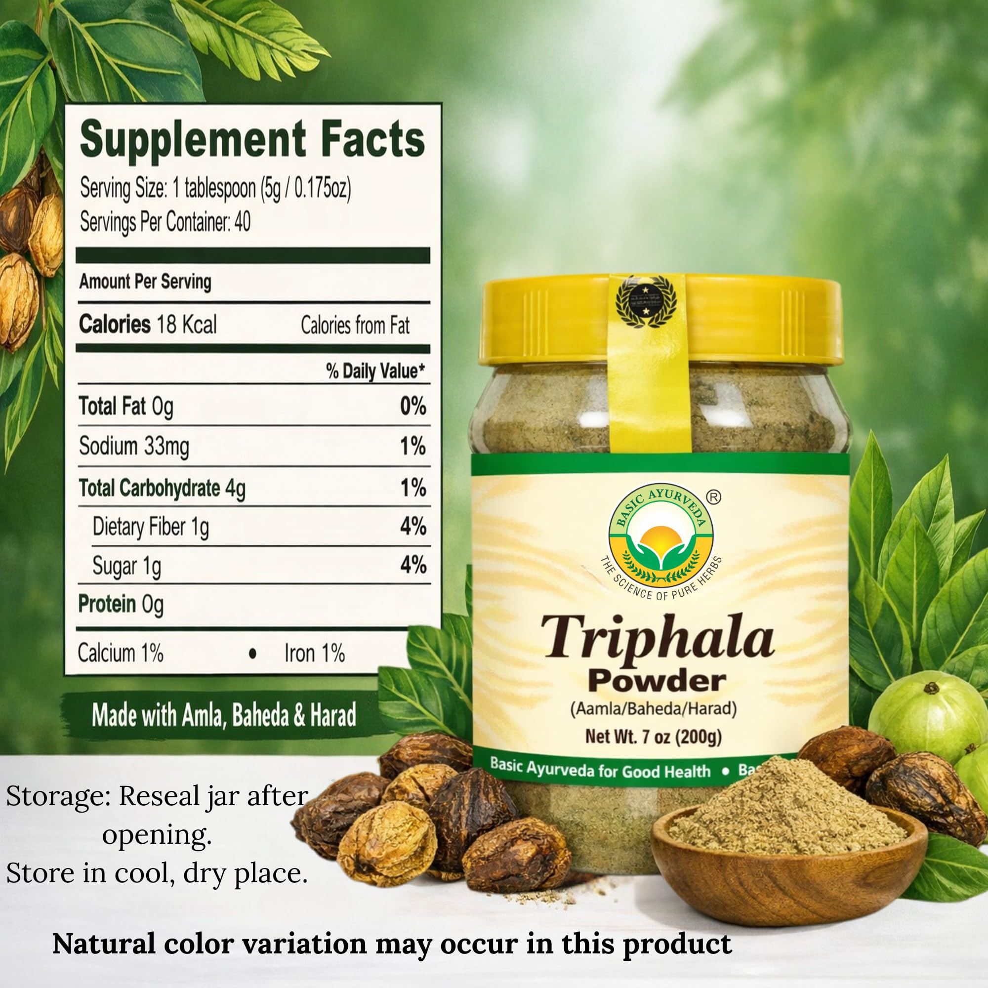Basic Ayurveda Triphala Powder side view showing product nutrition facts and clean plant-based ingredients list.