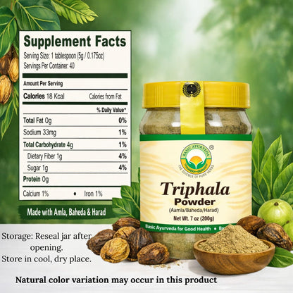 Basic Ayurveda Triphala Powder side view showing product nutrition facts and clean plant-based ingredients list.