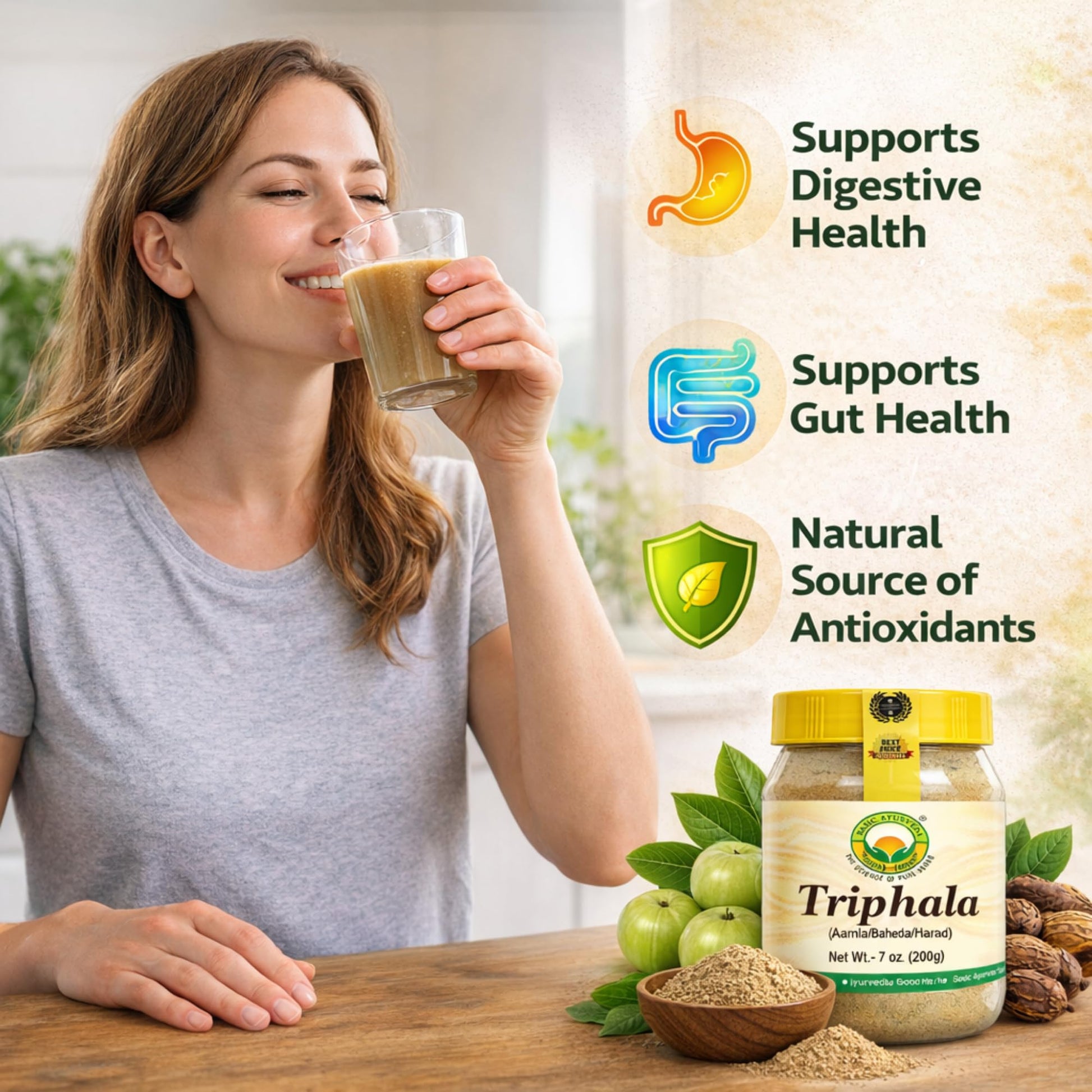 Basic Ayurveda Triphala Powder close up of the premium fine textured loose herbal supplement.