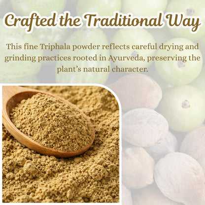 Basic Ayurveda Triphala Powder showing secure product seal and certified non GMO vegan product badges.