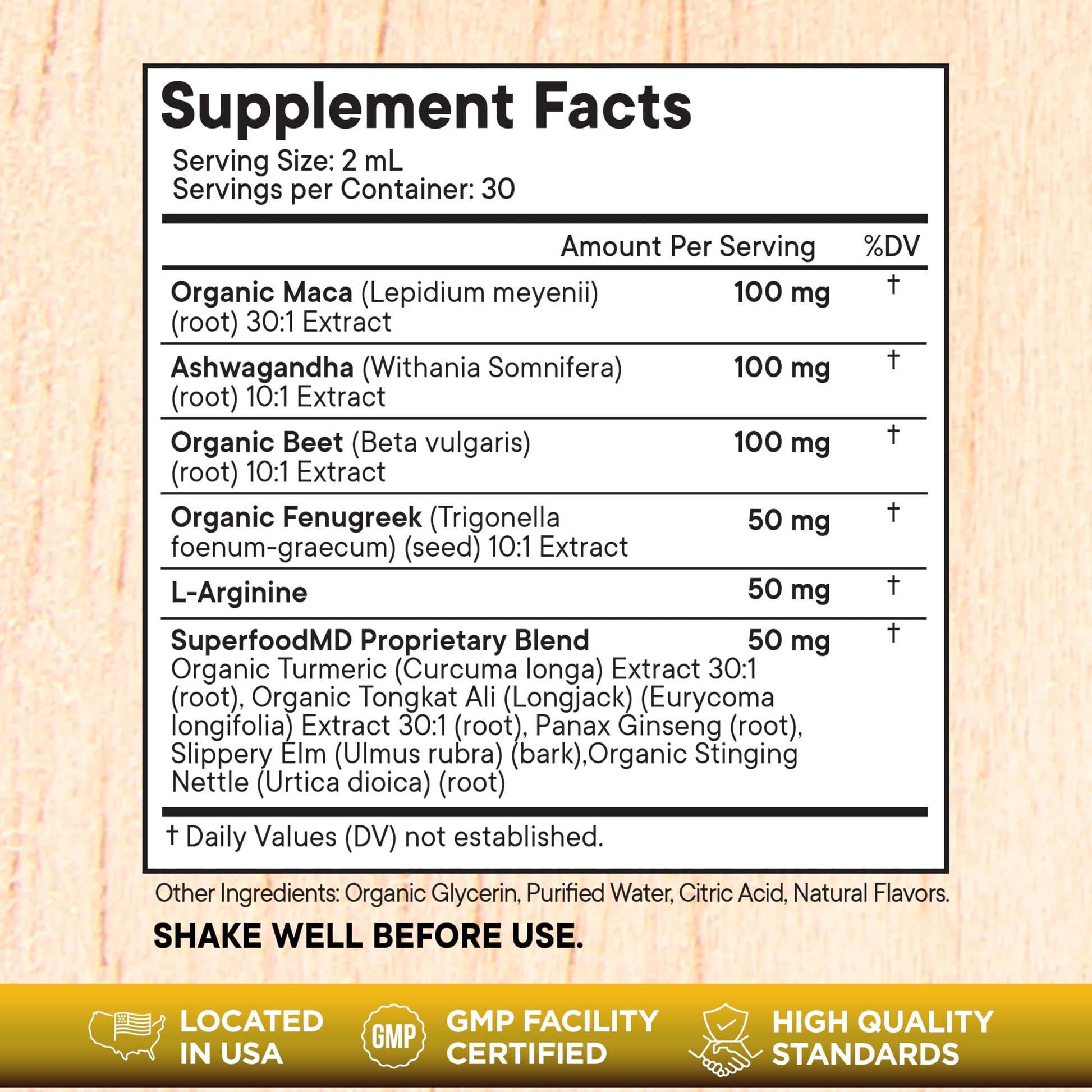 Superfood MD adaptogenic liquid supplement side panel highlighting the complete ingredient list and nutritional facts